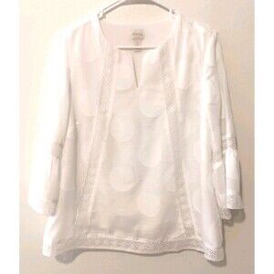 Chico's White Textured Polka Dot Tunic Blouse Crochet Lace Bell Sleeves Sz M/L
